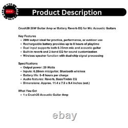 Amplificateur de guitare Crush20 20W avec réverbération à batterie et égaliseur pour micros et guitares acoustiques Amplificateur de guitare Crush20 20W avec réverbération à batterie et égaliseur pour micros et guitares acoustiques