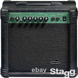 Amplificateur de guitare Stagg 15 watts avec haut-parleur de 6,5 pouces, noir et réverbération numérique.